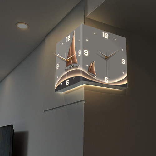 一帆风顺双面转角挂钟客厅免打孔创意led时钟表挂墙静音拐角壁钟