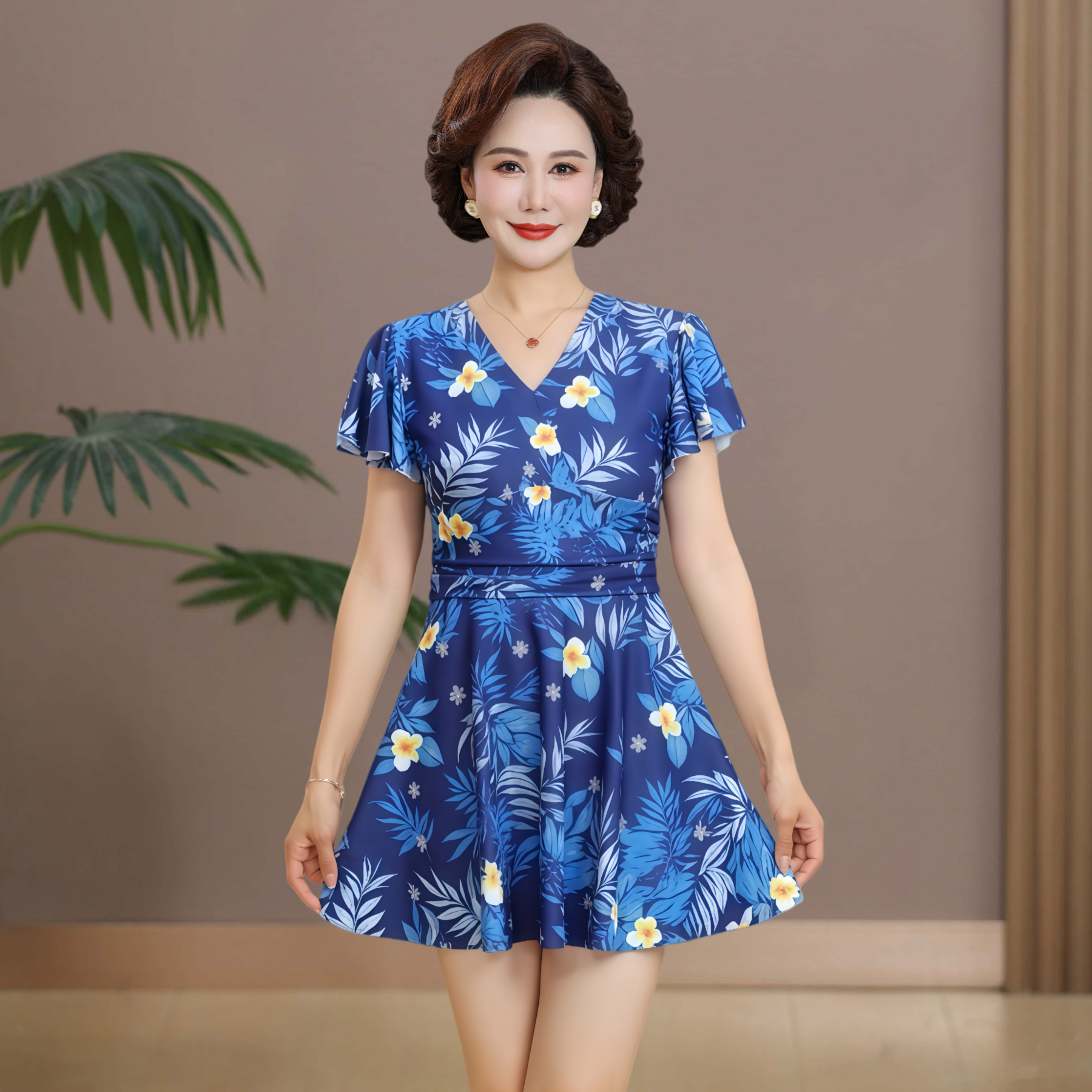 妈妈泳衣女中老年人宽松保守2025新款遮肚显瘦分体大码泡温泉泳装