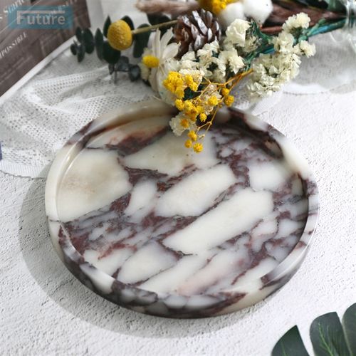 意式轻奢天然卡紫大理石圆形托盘卫生间装饰盘装饰品小户型摆件