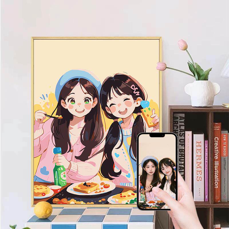 手绘油画纯手工diy卡通照片数字油画定制丙烯画制作装饰品自做