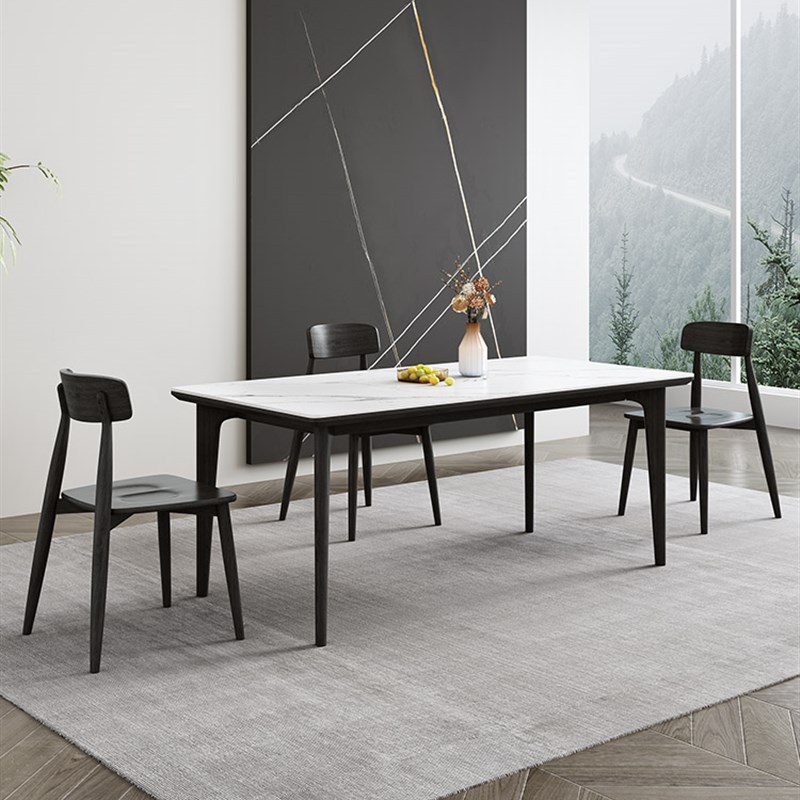 意式极简实木岩板餐桌家用长方形实木餐桌黑色饭桌侘寂风桌子