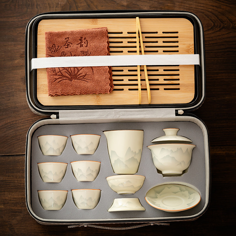 黄汝窑可携式旅行功夫茶具套组家用陶瓷盖碗茶杯茶壶整套户外泡茶