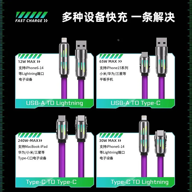诺希光柱四合一数据线PD240W充线液快态硅胶数据线Typec充电线1.2米加长车载适用于手机平板电脑多设备新品