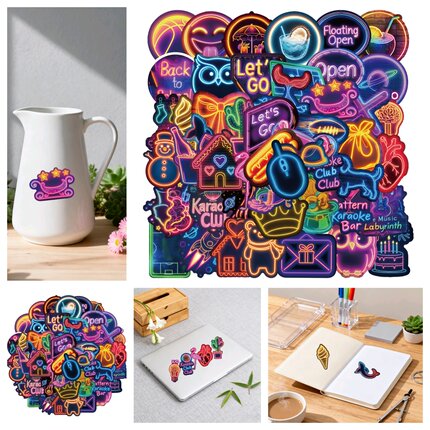 50张新款梦幻卡通可爱霓虹涂鸦手账本贴纸亮膜黑边炫彩笔记本平板电脑摩托车相框画墙面汽车笔记本电脑防水贴