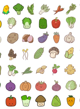 50张透明系列可爱蔬菜儿童启蒙益智贴纸手帐安静书DIY贴画装饰文具平板背景墙水杯键盘饭盒手机滑板吉他贴纸