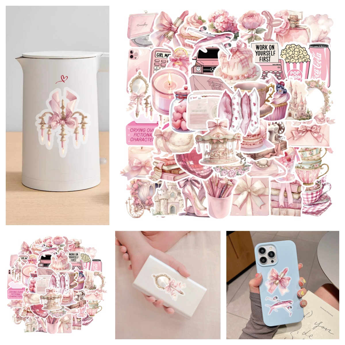 50张新款粉色系卡通可爱涂鸦吉他立体定制贴纸笔记本电脑手机壳充电宝水杯儿童奖励头盔DIY高品质手机壳贴纸