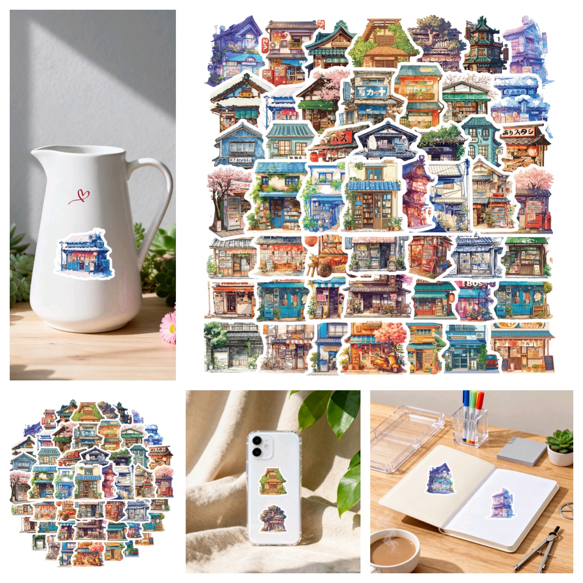 卡通贴纸图案手绘漫画风日式建筑