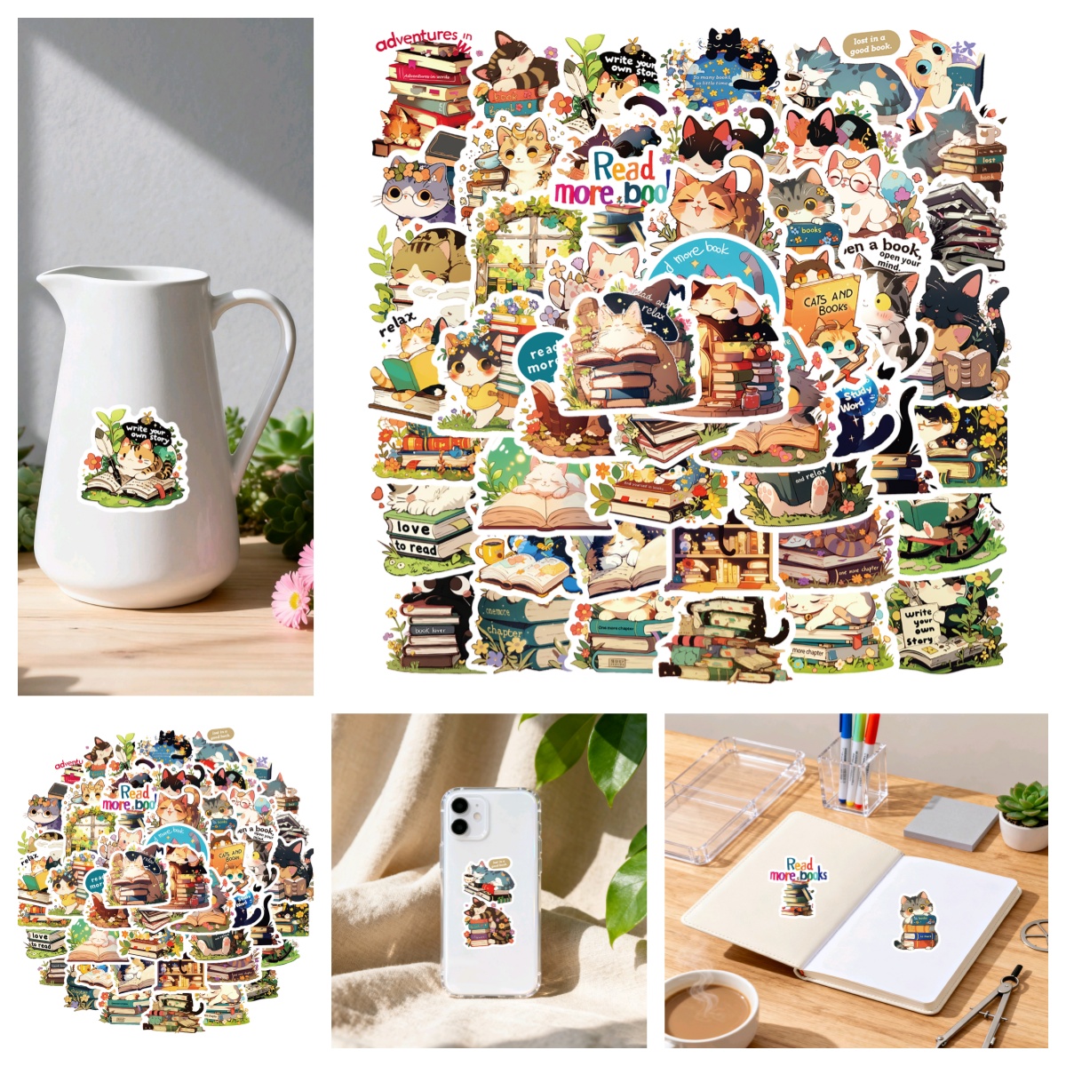 卡通可爱动物猫咪阅读书籍贴纸