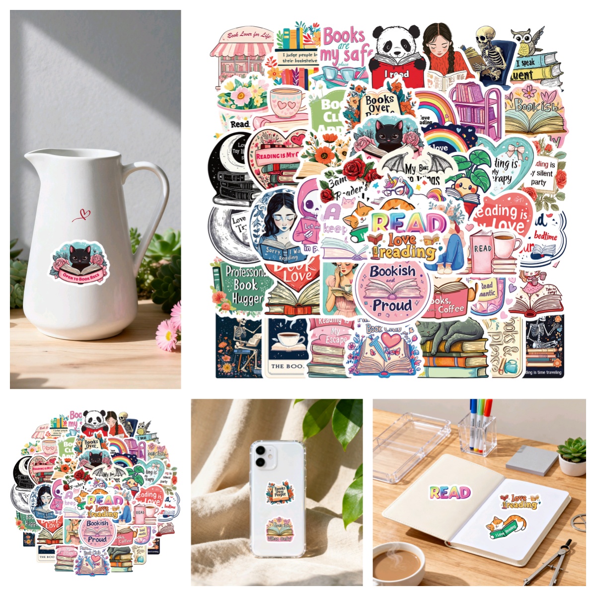 50张热爱阅读英文版励志语录彩色鼓励学习装饰笔记本头盔相框手机壳水杯电动车滑板iPad平板电脑DIY防水贴纸