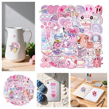 55张可爱卡通粉色 立体涂鸦贴纸ins风水杯手机壳DIY手账装饰行李箱少女心手账防水装饰diy笔记本电脑平板电脑