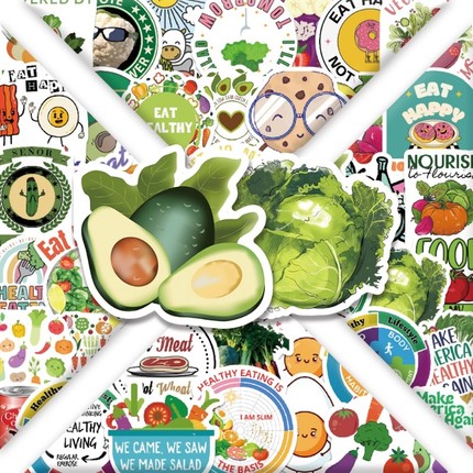 60张健康饮食水果蔬菜轻食装饰牛油果贴纸DIY便当盒手账本笔记本平板电脑手机壳吉他滑板头盔保温杯冰箱厨房