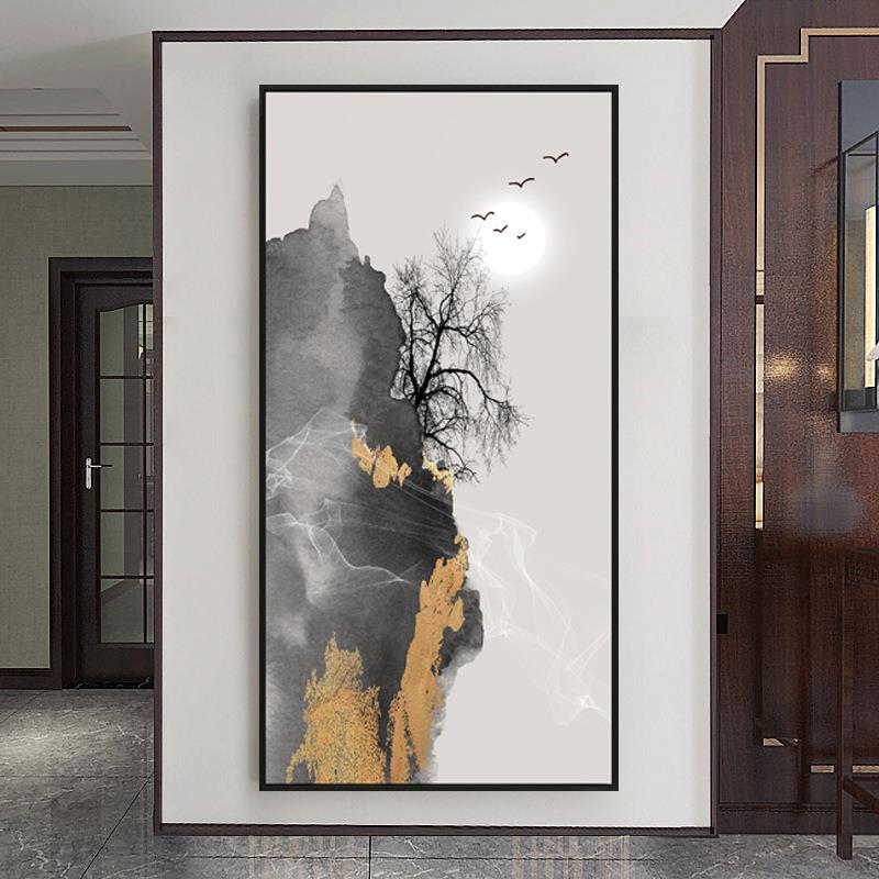 石墨之野中式玄关白装饰新画轻奢风景黑QZ202102禅意山水廊过道走