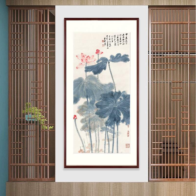 新中式玄关装饰画张大千荷花国画实木入户走廊壁画客厅花卉画挂画图片