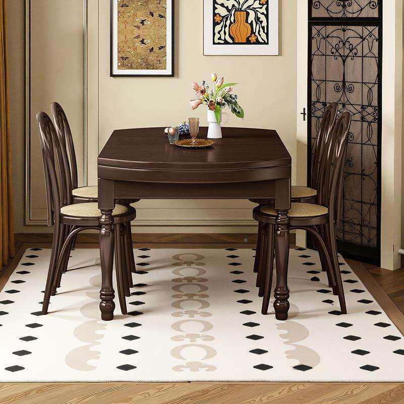 法式复古风可缩全饭实木餐K110圆桌胡桃桌木色美式折伸叠桌家用小