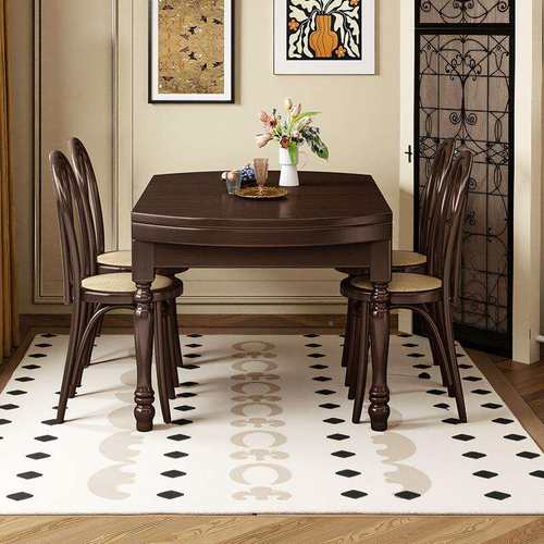 法式复古风可缩全饭实木餐K110圆桌胡桃桌木色美式折伸叠桌家用小