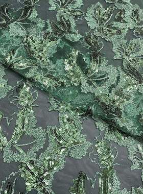 新品黑色绿色中东亮片网纱面料 复合丝法式现代薄纱绣花刺绣面料