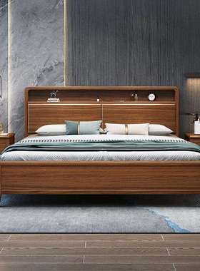 新式胡桃木实木床1.52米.中H1038*2米大*床多功能单1双人主卧储物