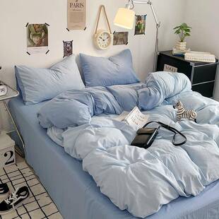 简约风纯色上双拼水洗棉床上四件套亲肤HQP棉学宿生舍下三件铺套