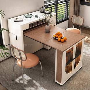折叠岛台餐桌餐边柜一体可伸缩移动2025中古风靠墙实木小户型倒台