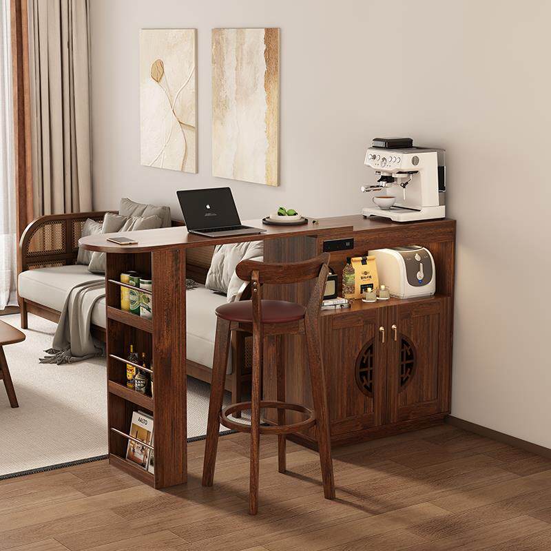 实木吧台客厅隔断柜一体家用阳台休闲伸缩新中式吧台桌咖啡储物柜