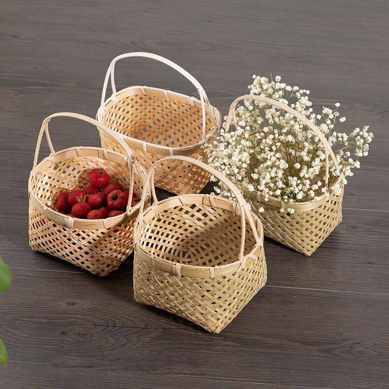 竹编篮子小竹编迷你水果提篮小竹篮手工竹篮手提篮收纳圆形镂空