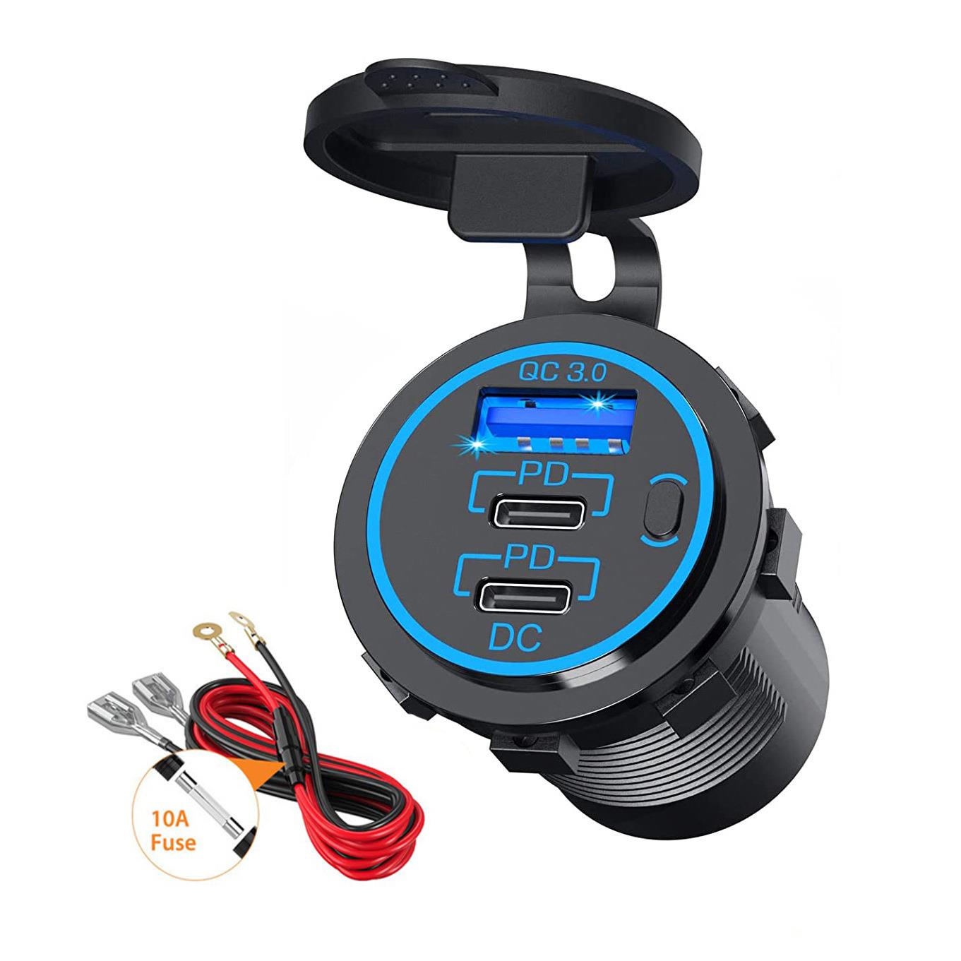 亚马逊热销新款汽车改装 3usb接口带开关12-24Vqc3.0电压表车充快