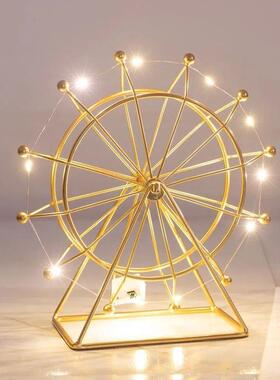 创意轻奢家居饰品现代客厅装饰工艺品带灯旋转发光铁艺摩天轮摆件