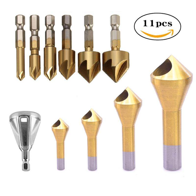 六角柄五刃倒角器11pc跨境高速钢钻头90度斜孔定位倒角刀工具套装