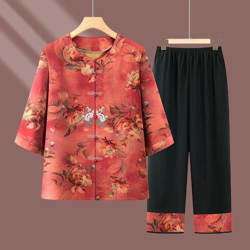 欣莱甄选5奶奶夏中老年人女妈妈国风中式短袖衬衫上衣服两件套装