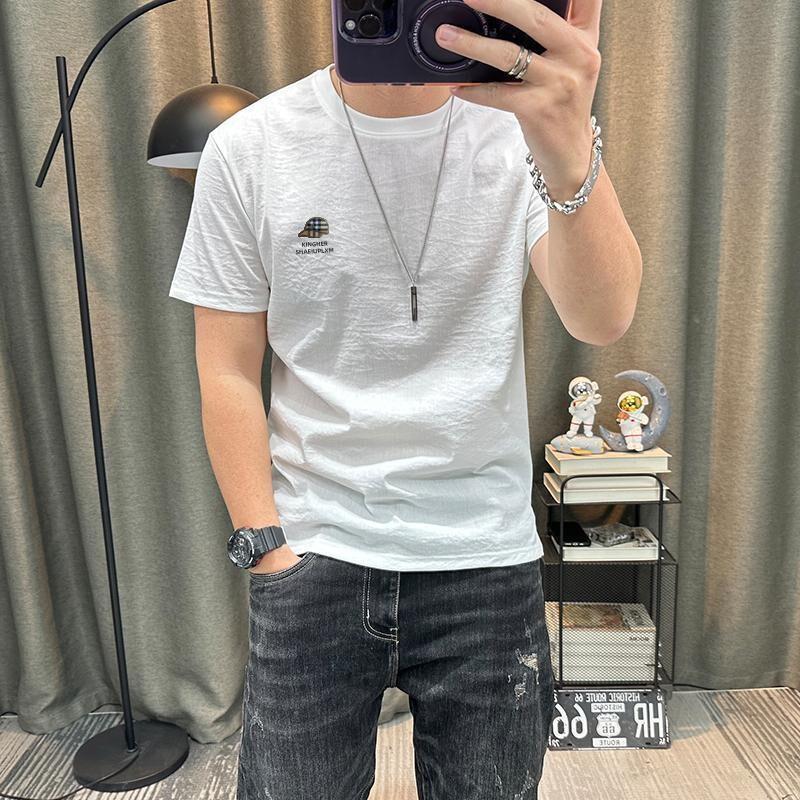 LUGE轻奢男装专柜品质夏棉麻短袖t恤衫爆款圆领修身卡通麻料半袖