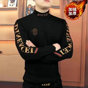 【云树轻奢】秋冬季新款男士条纹圆领厚棉T时尚针织衫卫生衣打底-