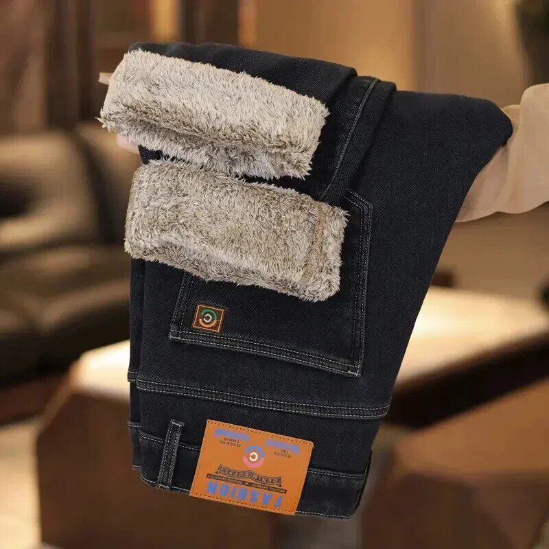 独白优选店男士冬季牛仔裤欧版小直筒弹力宽松加绒裤秋冬款长裤