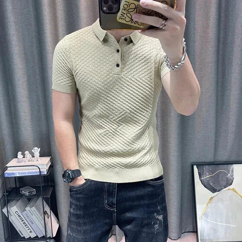 文福轻奢春季上新翻领针织衫百搭男士polo短袖弹力紧身时尚上