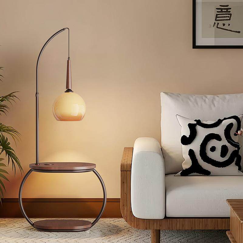 中古风边几落地灯客厅沙发置物摆件灯卧室床头柜一体台灯无线充电