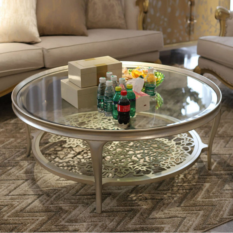 美式轻奢茶几钢化玻璃面茶几简约创意客厅实木不锈钢镂空花圆茶几