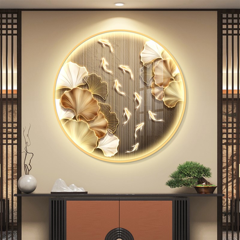 入户进门圆形带灯玄关装饰画走廊过道楼梯挂画简约现代高级感壁画图片