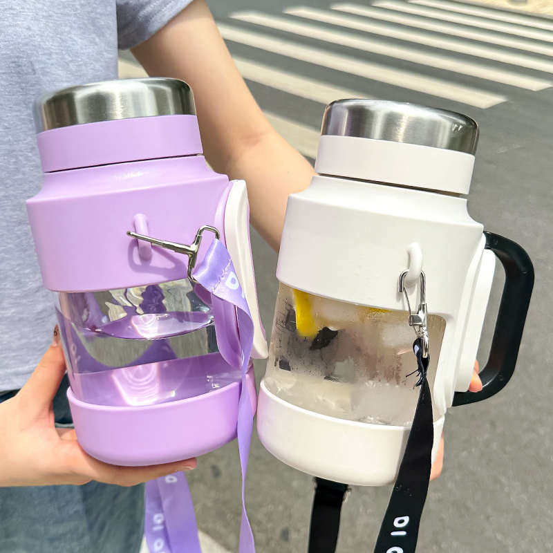 超大号玻璃水杯男女夏季大容量隔热防摔泡茶杯大容量带手柄2000ml