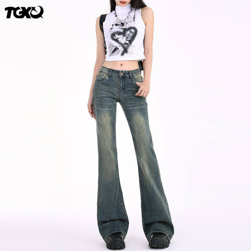 覆古微喇牛仔裤女2025年新款夏季美式辣妹弹力小个子低腰喇叭裤子