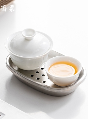 天雨粟  工位一人独饮白瓷功夫茶具套装单人一壶一杯陶瓷盖碗套组