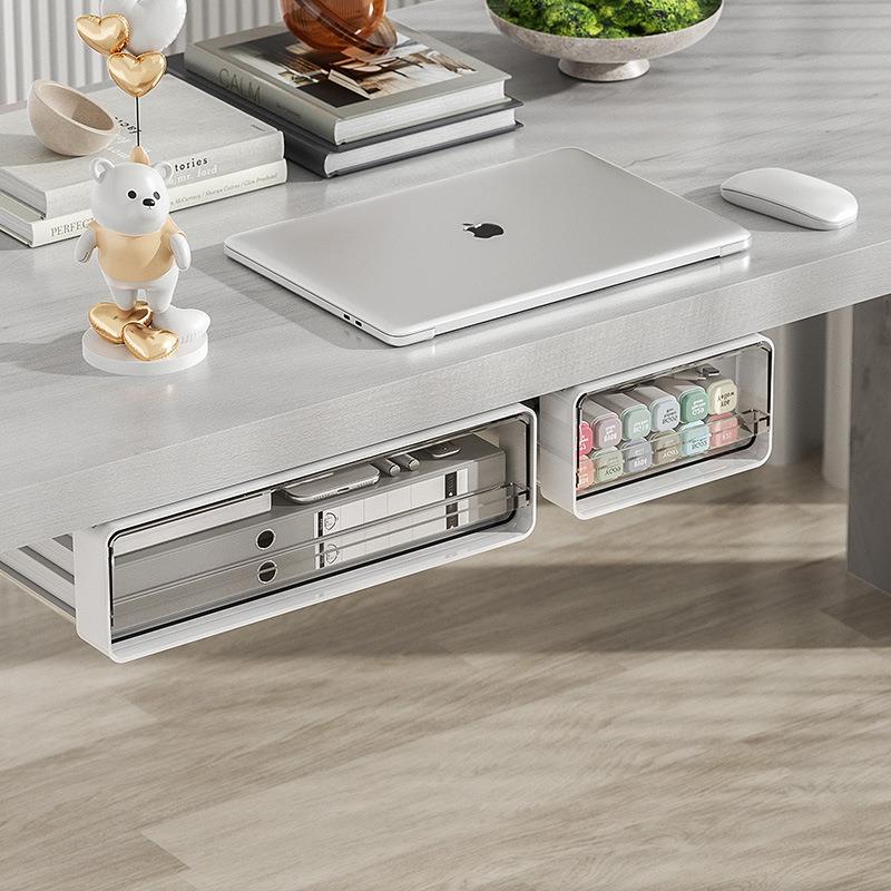 桌下免打孔隐形收纳盒办公室工位杂物置物架桌底抽屉式文具储物盒