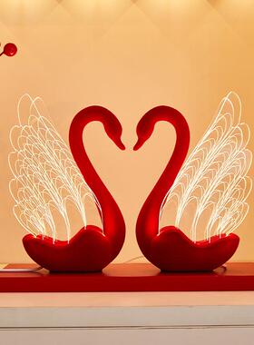 喜庆亚克力天鹅台灯桌面小摆件玄关卧室婚房装饰情侣结婚订婚礼品