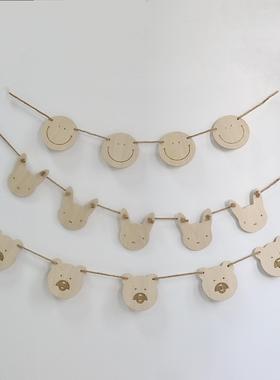 创意可爱熊头小兔笑脸木质彩旗儿童房装饰挂件可做杯垫韩风摆件