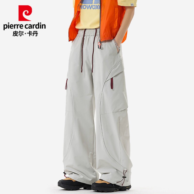 皮尔卡丹夏季新款多口袋系绳宽松美式工装裤中腰拉链直筒休闲裤子