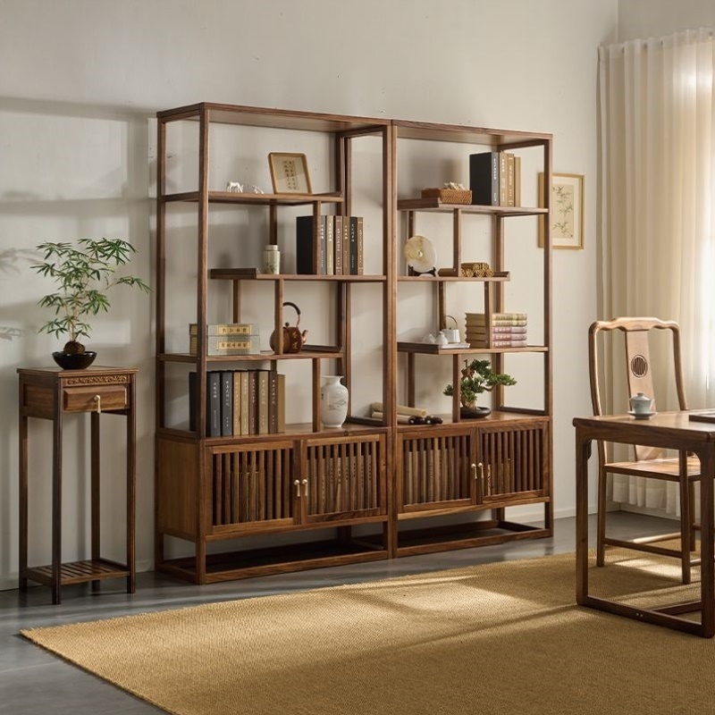 博古架实木新中式多宝阁茶叶置物架胡桃木隔断摆件茶室收纳展示柜