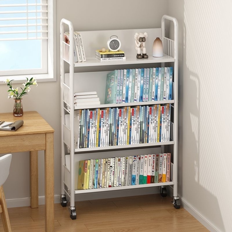 书架置物架落地多层移动带轮学生储物儿童绘本书柜书本收纳架铁艺