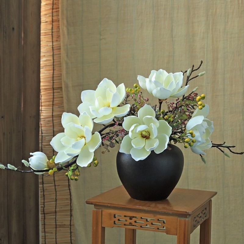 中式仿真莲花玉兰花套装高档酒店大堂室内玄关茶几餐厅假花装饰品