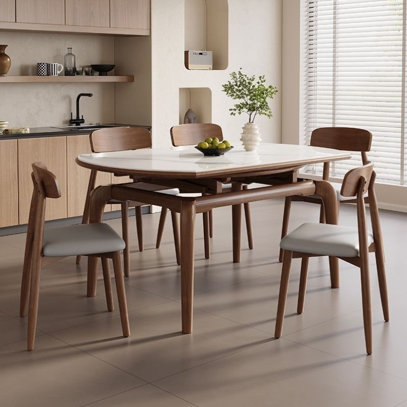 北欧风伸缩岩板餐桌家用小户型方圆两用饭桌现代简约实木折叠桌子