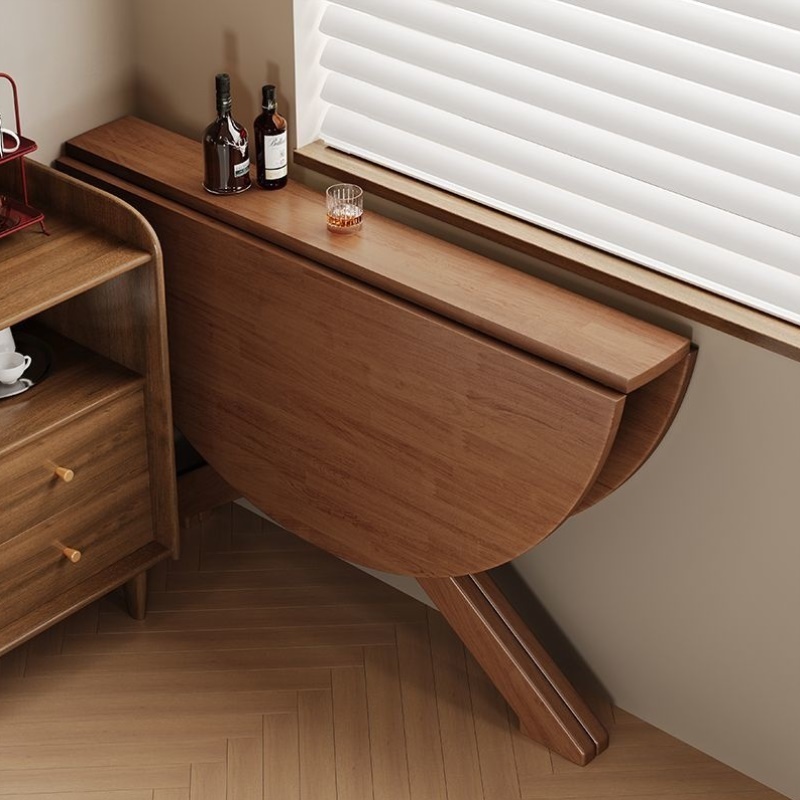 法式中古风实木折叠餐桌圆形饭桌小户型圆桌复古轻奢简约吃饭桌子