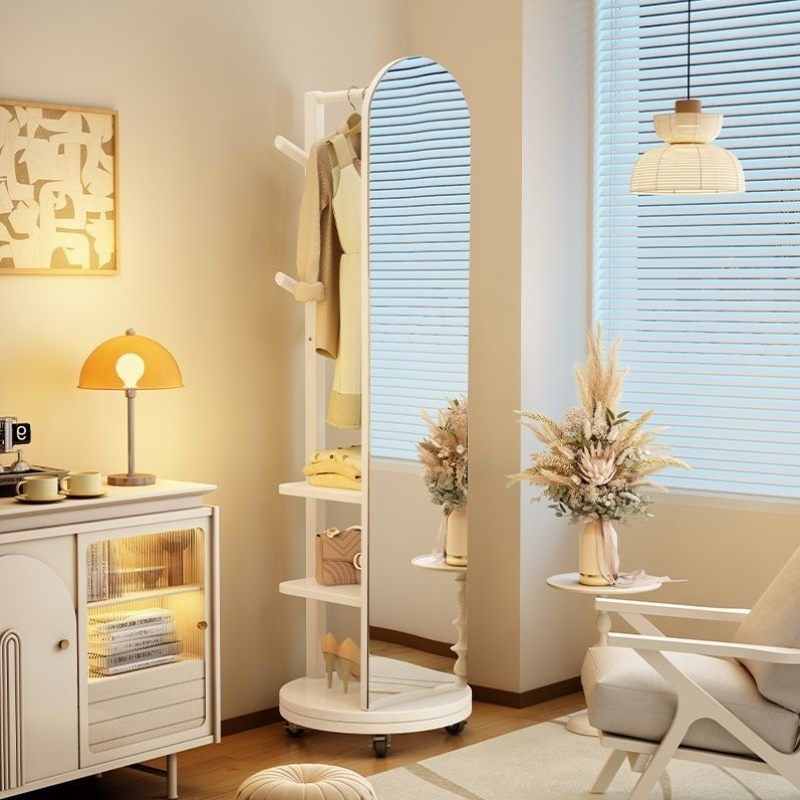 实木挂衣架卧室落地客厅家用可旋转移动衣帽架带镜子一体置物架