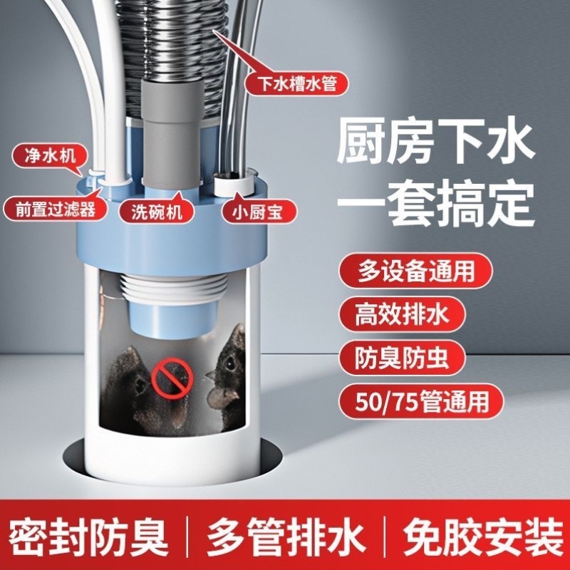 厨房水槽净水器洗衣机下水管六通集成下水器防臭防虫防返水密封塞